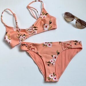 TOPSHOP Peach Floral Two Piece Bikini Swimsuit Size 4 Top 2 Bottom